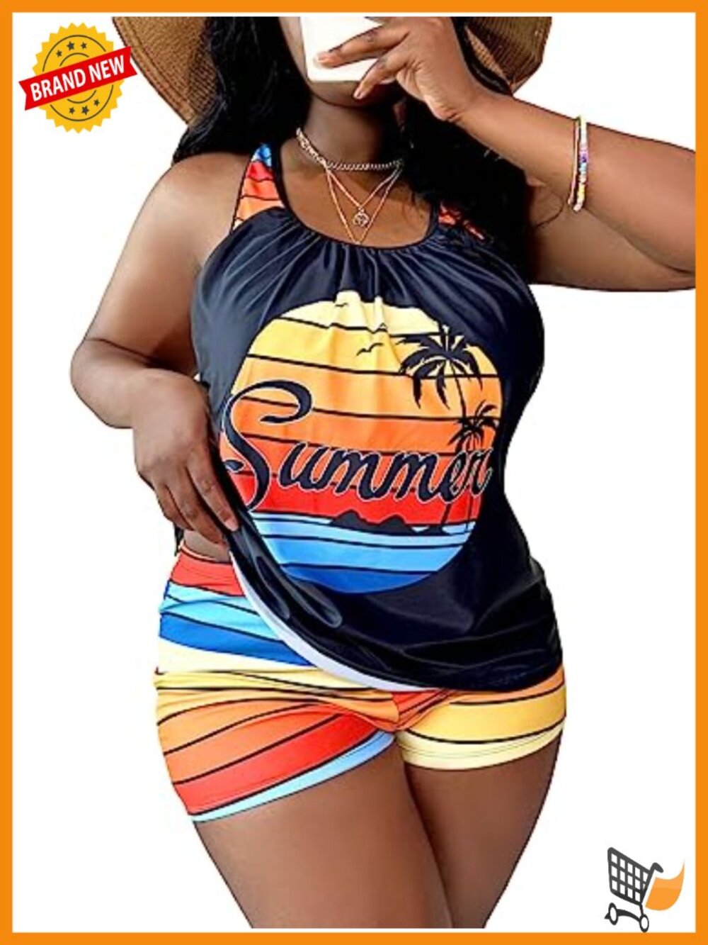 Plus Size Tankini Set Striped Tropical Print Tops and Shorts Bikini 2 Piece